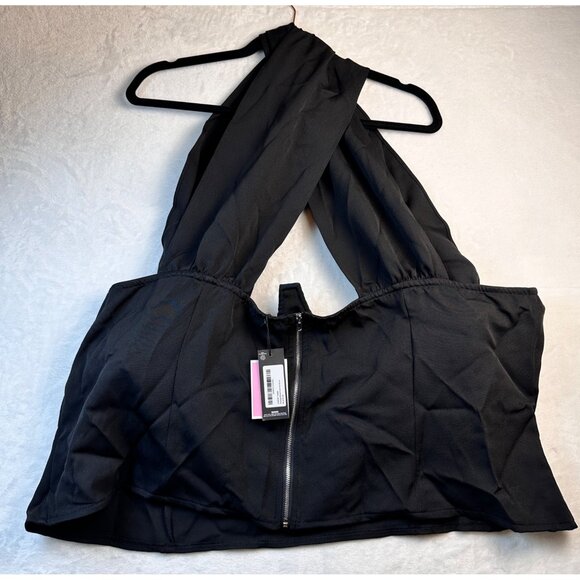 PrettyLittleThing Black Crossover Zip Top Size 24 Statement Bold Top NWT 🖤 - Picture 7 of 11